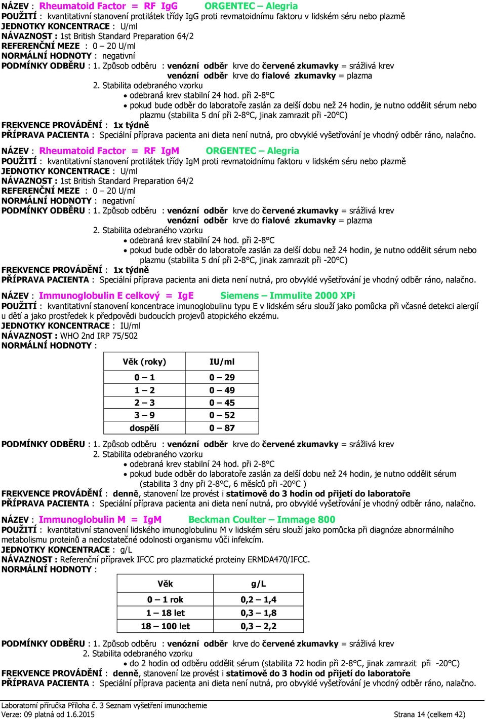 : 1st British Standard Preparation 64/2 0 20 U/ml NÁZEV : Immunoglobulin E celkový = IgE Siemens Immulite 2000 XPi POUŽITÍ : kvantitativní stanovení koncentrace imunoglobulinu typu E v lidském séru