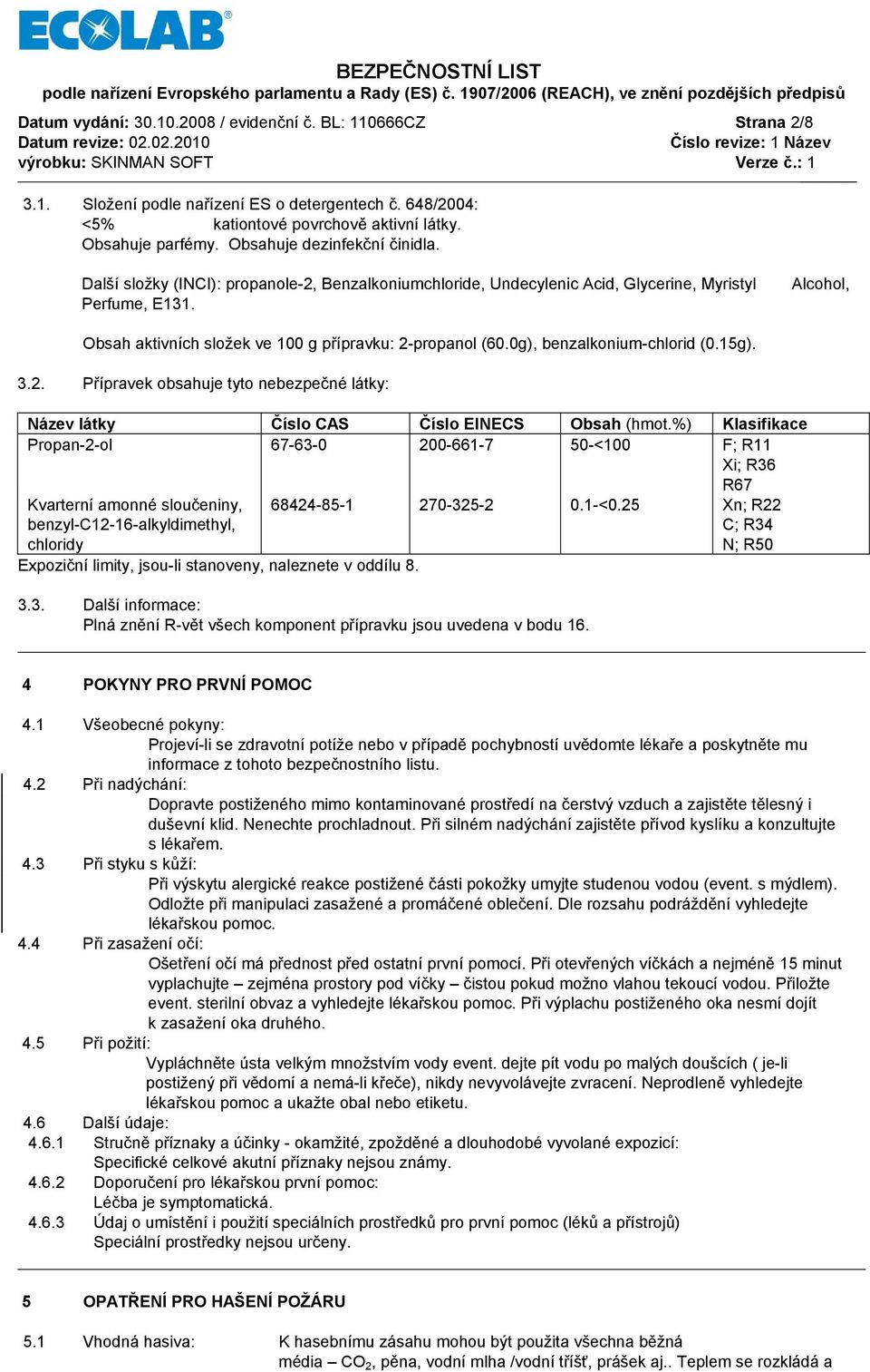 Alcohol, Obsah aktivních složek ve 100 g přípravku: 2-propanol (60.0g), benzalkonium-chlorid (0.15g). 3.2. Přípravek obsahuje tyto nebezpečné látky: Název látky Číslo CAS Číslo EINECS Obsah (hmot.