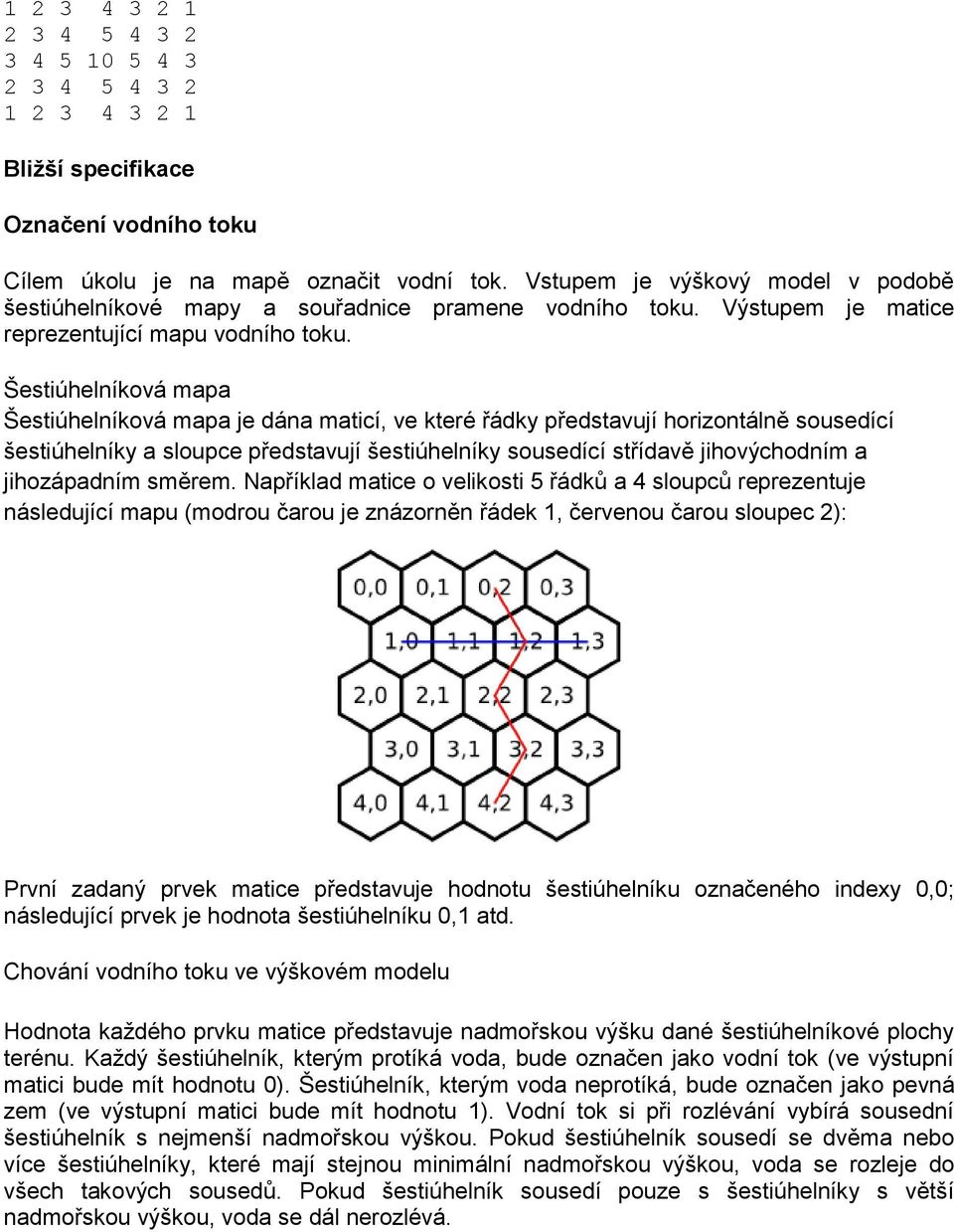 Šestiúhelníková mapa Šestiúhelníková mapa je dána maticí, ve které řádky představují horizontálně sousedící šestiúhelníky a sloupce představují šestiúhelníky sousedící střídavě jihovýchodním a