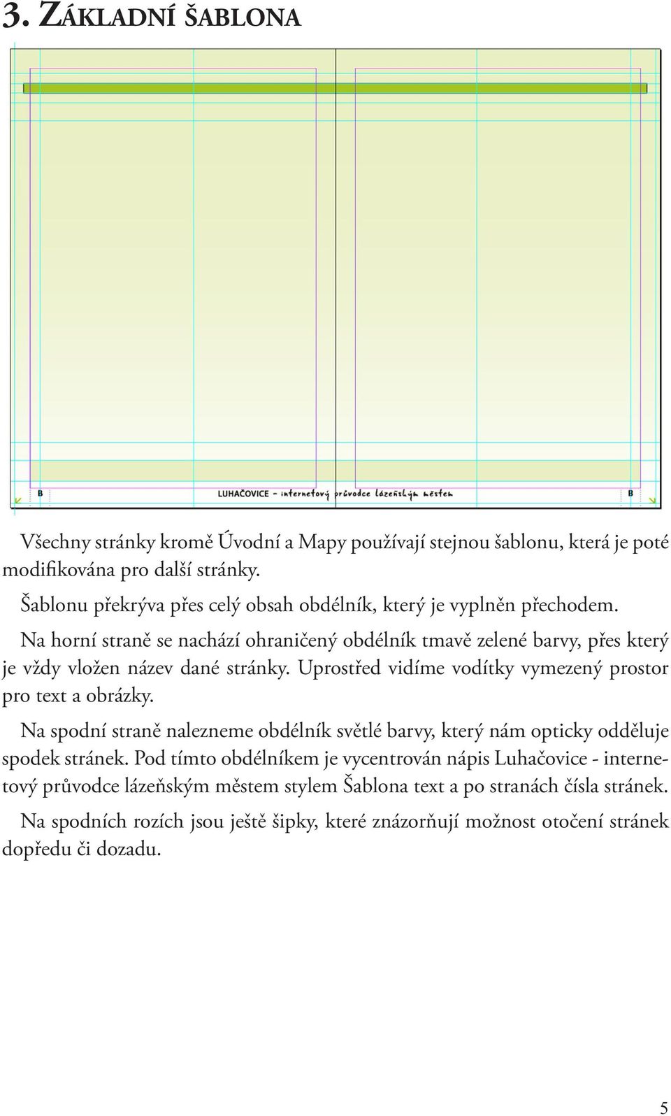 Na horní straně se nachází ohraničený obdélník tmavě zelené barvy, přes který je vždy vložen název dané stránky. Uprostřed vidíme vodítky vymezený prostor pro text a obrázky.