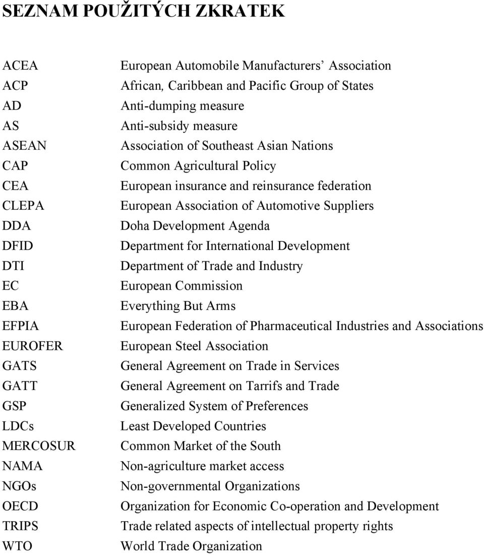 federation European Association of Automotive Suppliers Doha Development Agenda Department for International Development Department of Trade and Industry European Commission Everything But Arms