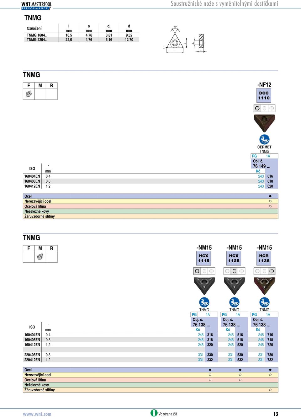 .. mm Kč 160404EN 0,4 243 76149016 160408EN 0,8 243 76149018 160412EN 1,2 243 76149020 Ocel Nerezavějící ocel Ocelová litina Žáruvzorné slitiny TNMG F M R -NM15 -NM15 -NM15 HCX 1115 HCX 1125 HCR 1135