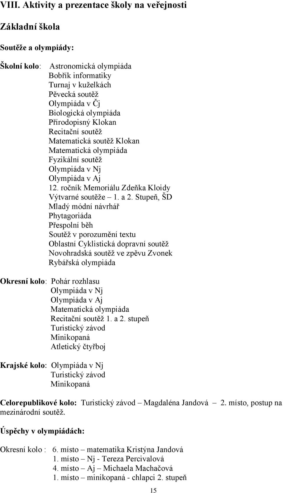 a 2. Stupeň, ŠD Mladý módní návrhář Phytagoriáda Přespolní běh Soutěž v porozumění textu Oblastní Cyklistická dopravní soutěž Novohradská soutěž ve zpěvu Zvonek Rybářská olympiáda Okresní kolo: Pohár