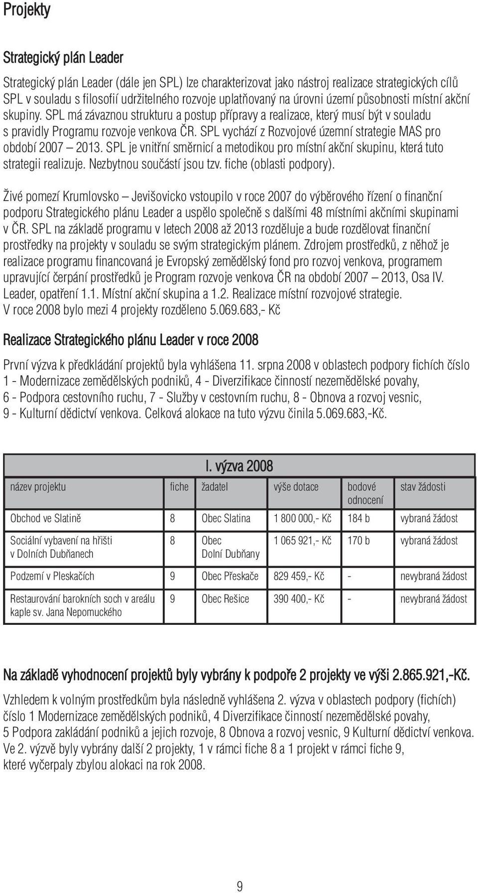 SPL vychází z Rozvojové územní strategie MAS pro období 2007 2013. SPL je vnitřní směrnicí a metodikou pro místní akční skupinu, která tuto strategii realizuje. Nezbytnou součástí jsou tzv.