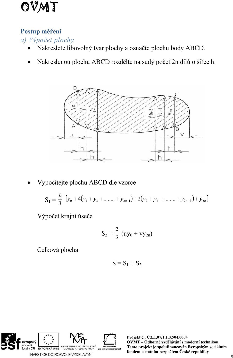 Vypočítejte plochu ABCD dle vzorce S 1 = 3 h y y... y 2y y y y0 4 1 3 2n 1 2 4.