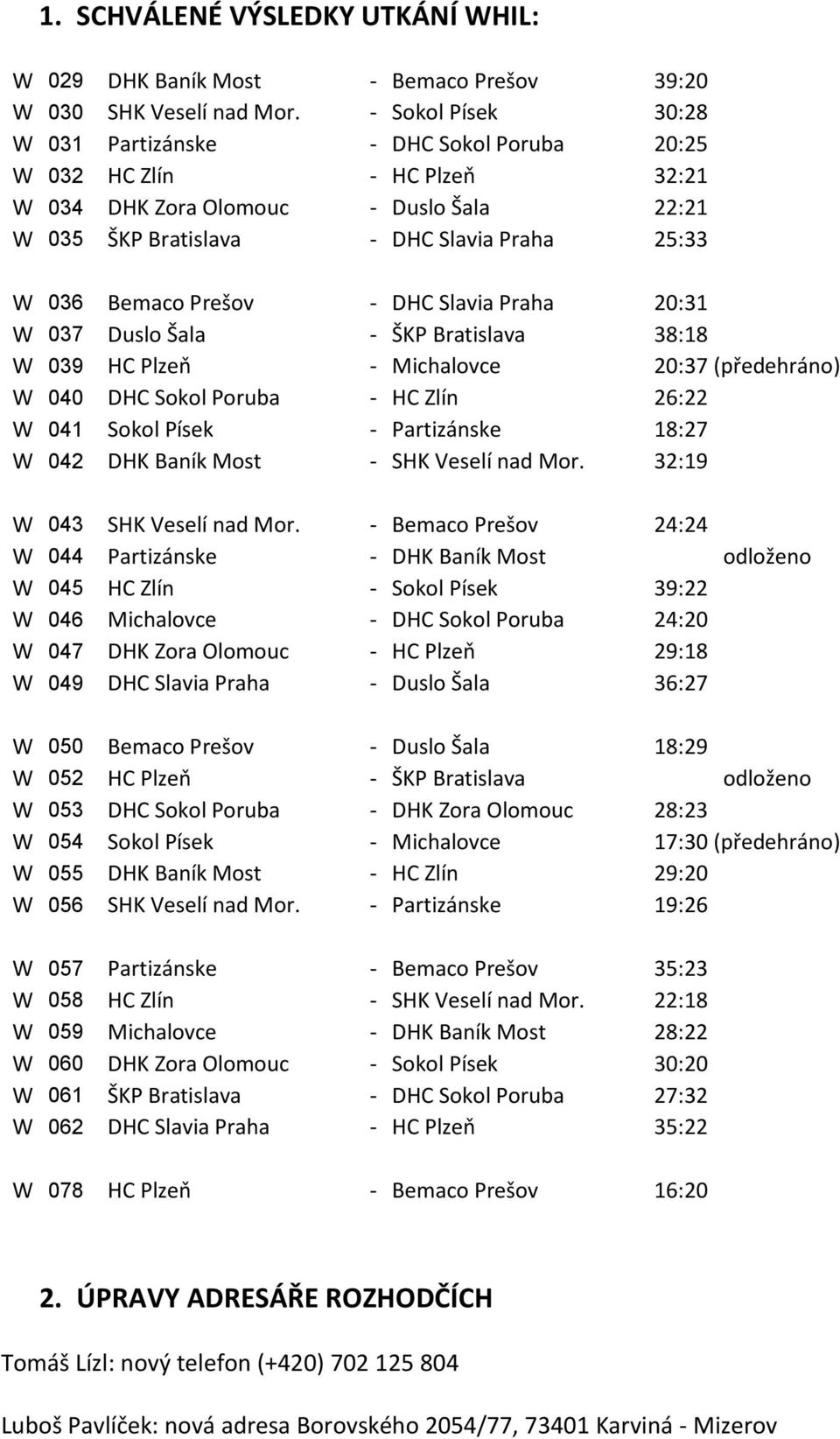 Prešov - DHC Slavia Praha 20:31 W 037 Duslo Šala - ŠKP Bratislava 38:18 W 039 HC Plzeň - Michalovce 20:37 (předehráno) W 040 DHC Sokol Poruba - HC Zlín 26:22 W 041 Sokol Písek - Partizánske 18:27 W