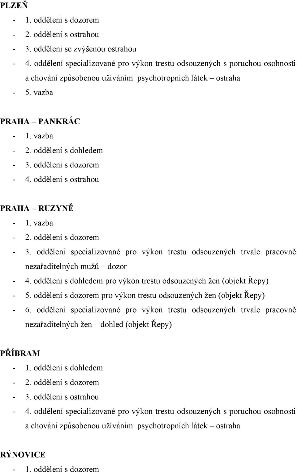 oddělení s dozorem - 4. oddělení s ostrahou PRAHA RUZYNĚ - 1. vazba - 2. oddělení s dozorem - 3. oddělení specializované pro výkon trestu odsouzených trvale pracovně nezařaditelných mužů dozor - 4.