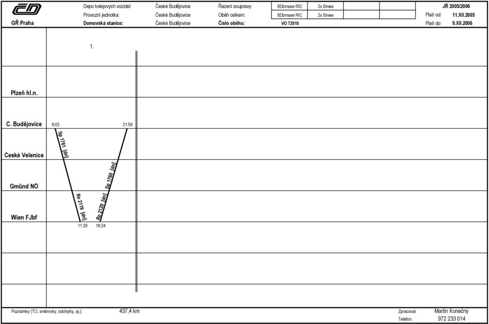 n. 8:03 21:59 Sp 1761 [dn] České Velenice Gmünd NÖ Wien FJbf Re 2119 [dn] 11:29 18:24 Re