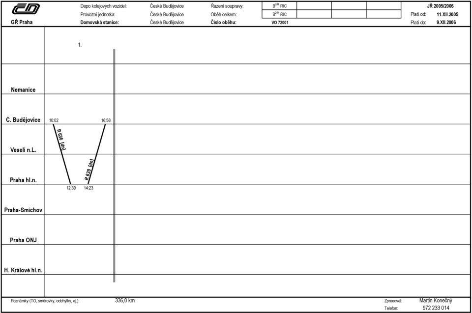 2006 10:02 16:58 R 636 [dn] Veselí n.l. R 639 [dn] 12:39 14:23 Praha ONJ H.