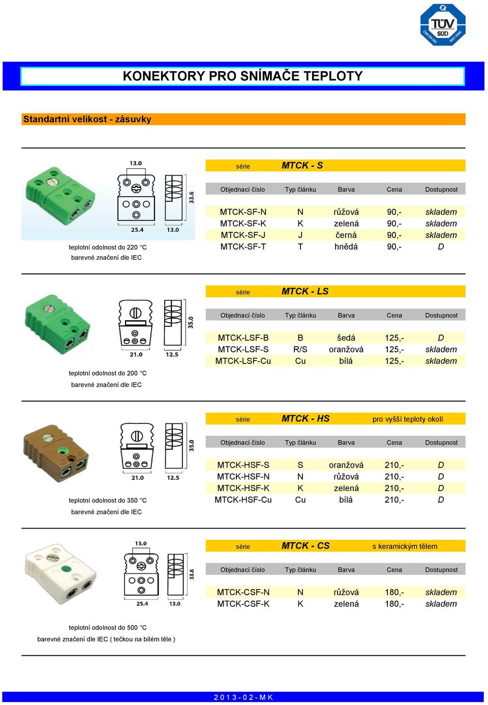série MTCK - HS pro vyšší teploty okolí MTCK-HSF-S S oranžová 210,- D MTCK-HSF-N N růžová 210,- D MTCK-HSF-K K zelená 210,- D teplotní odolnost do 350 C MTCK-HSF-Cu