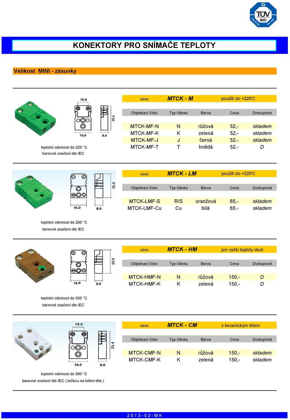 skladem teplotní odolnost do 200 C série MTCK - HM pro vyšší teploty okolí MTCK-HMF-N N růžová 150,- D MTCK-HMF-K K zelená 150,- D teplotní odolnost do