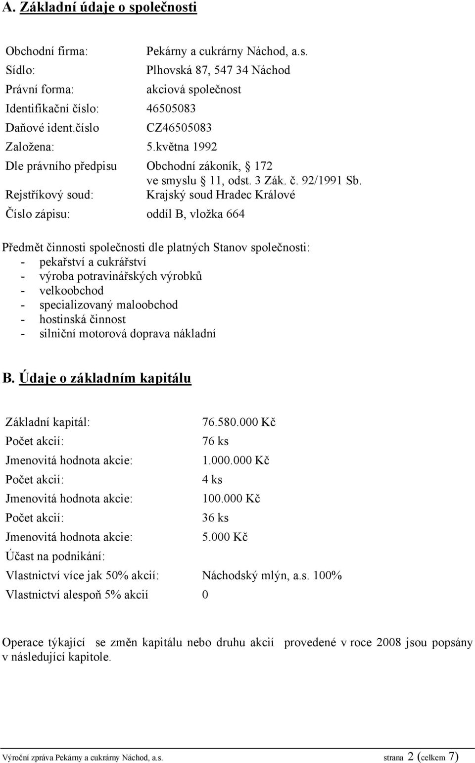 Rejstříkový soud: Krajský soud Hradec Králové Číslo zápisu: oddíl B, vloţka 664 Předmět činnosti společnosti dle platných Stanov společnosti: - pekařství a cukrářství - výroba potravinářských výrobků