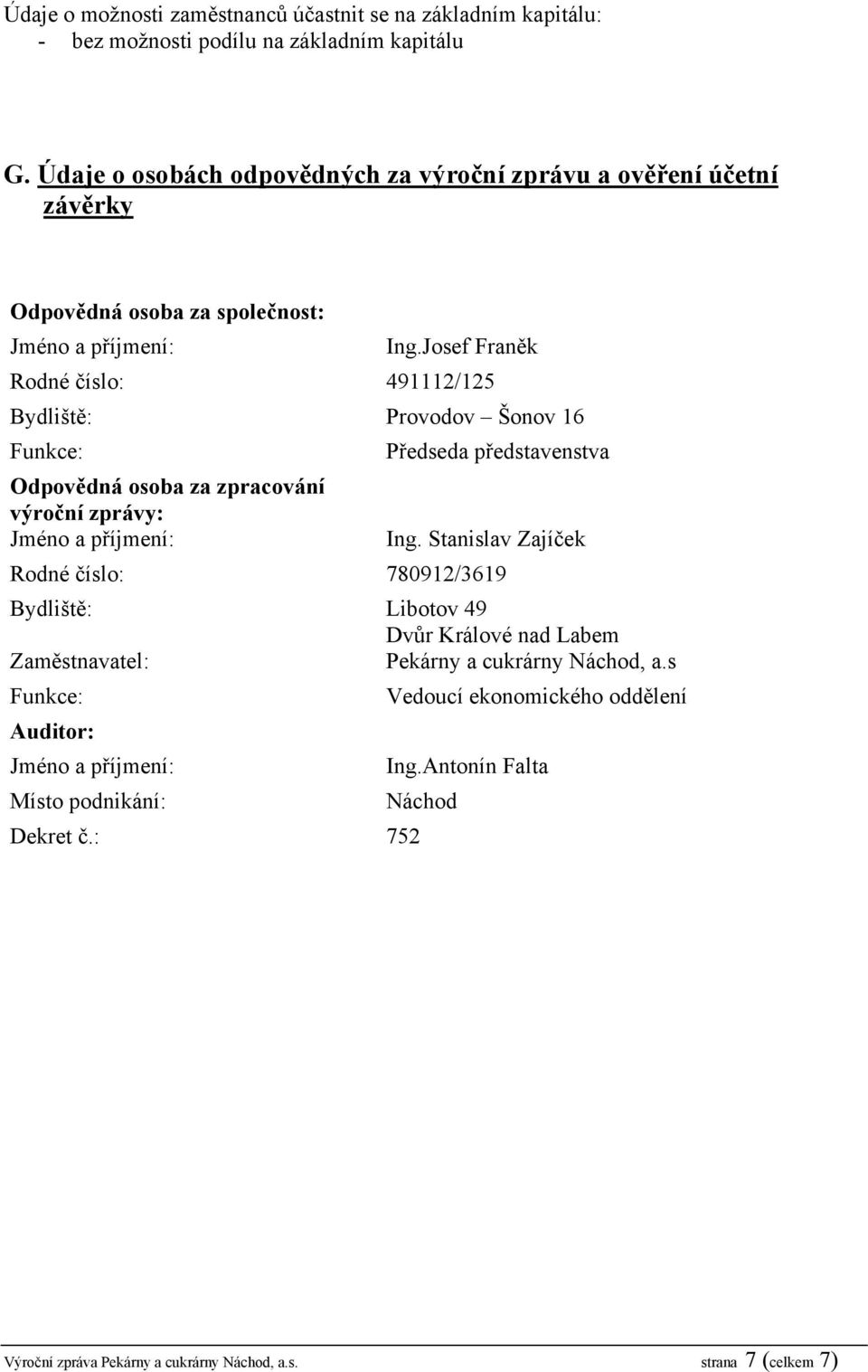 Josef Franěk Rodné číslo: 491112/125 Bydliště: Provodov Šonov 16 Funkce: Odpovědná osoba za zpracování výroční zprávy: Jméno a příjmení: Předseda představenstva Ing.