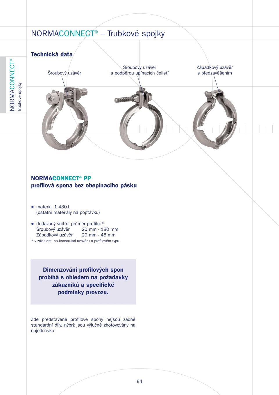 4301 (ostatní materiály na poptávku) dodávaný vnitřní průměr profilu:* Šroubový uzávěr 20 mm - 180 mm Západkový uzávěr 20 mm - 45 mm * v