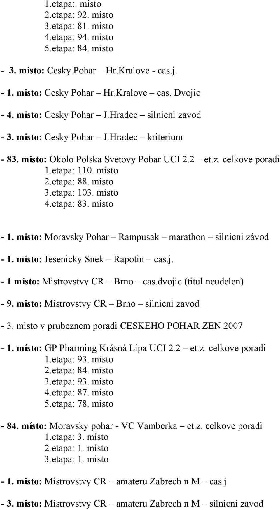 etapa: 103. místo 4.etapa: 83. místo - 1. misto: Moravsky Pohar Rampusak marathon silnicni závod - 1. místo: Jesenicky Snek Rapotin cas.j. - 1 misto: Mistrovstvy CR Brno cas.