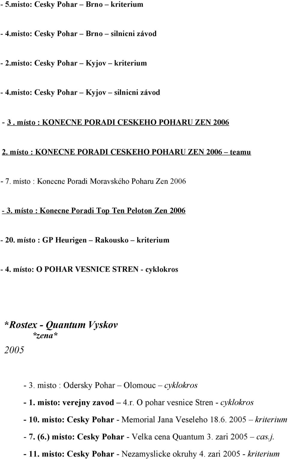 místo : Konecne Poradi Top Ten Peloton Zen 2006-20. místo : GP Heurigen Rakousko kriterium - 4. místo: O POHAR VESNICE STREN - cyklokros *Rostex - Quantum Vyskov *zena* 2005-3.