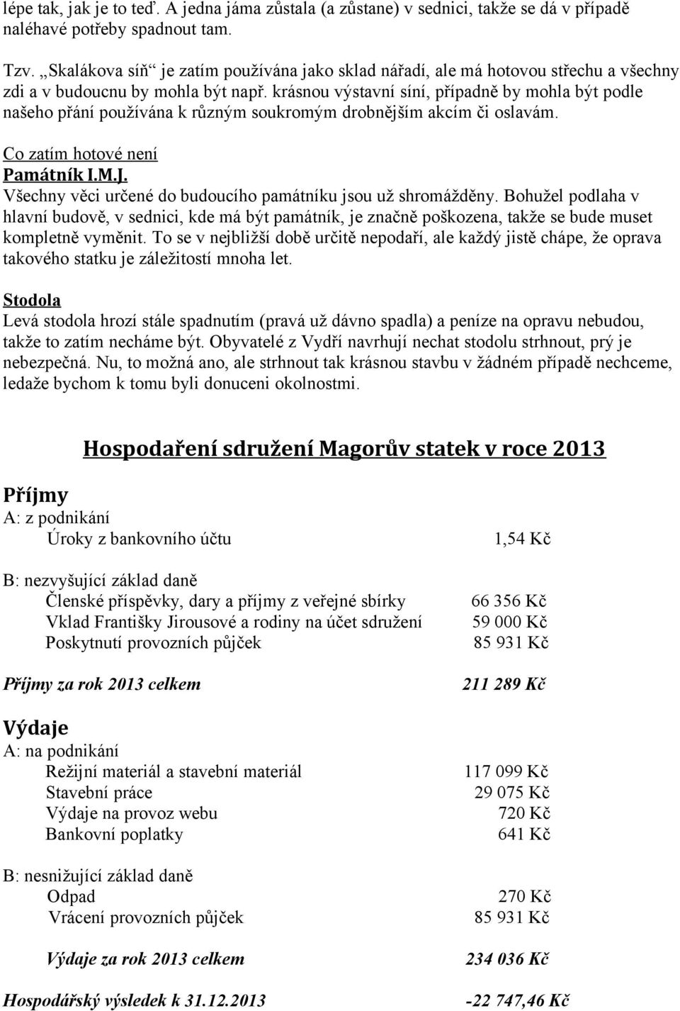 krásnou výstavní síní, případně by mohla být podle našeho přání používána k různým soukromým drobnějším akcím či oslavám. Co zatím hotové není Památník I.M.J.