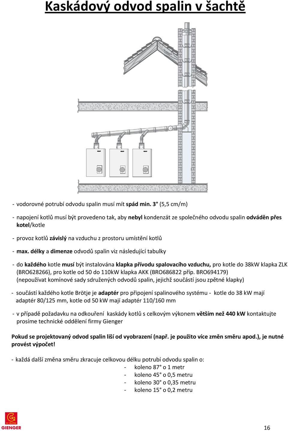 délky a dimenze odvodů spalin viz následující tabulky - do každého kotle musí být instalována klapka přívodu spalovacího vzduchu, pro kotle do 38kW klapka ZLK (BRO628266), pro kotle od 50 do 110kW