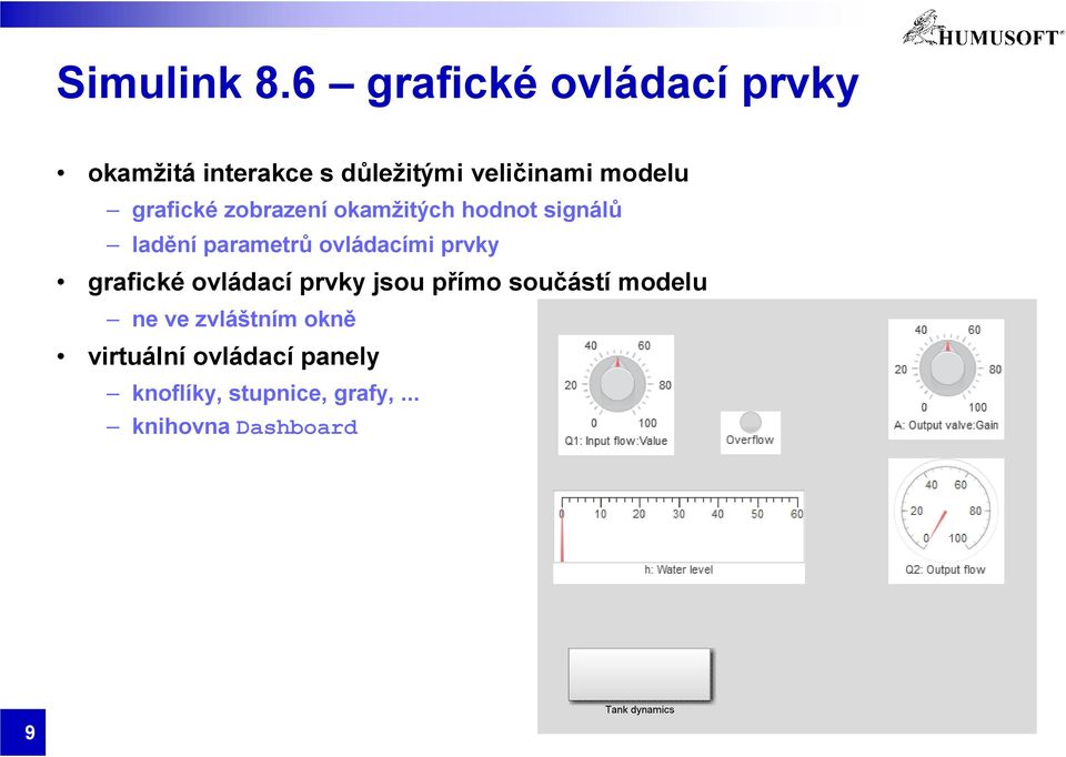 grafické zobrazení okamžitých hodnot signálů ladění parametrů ovládacími prvky