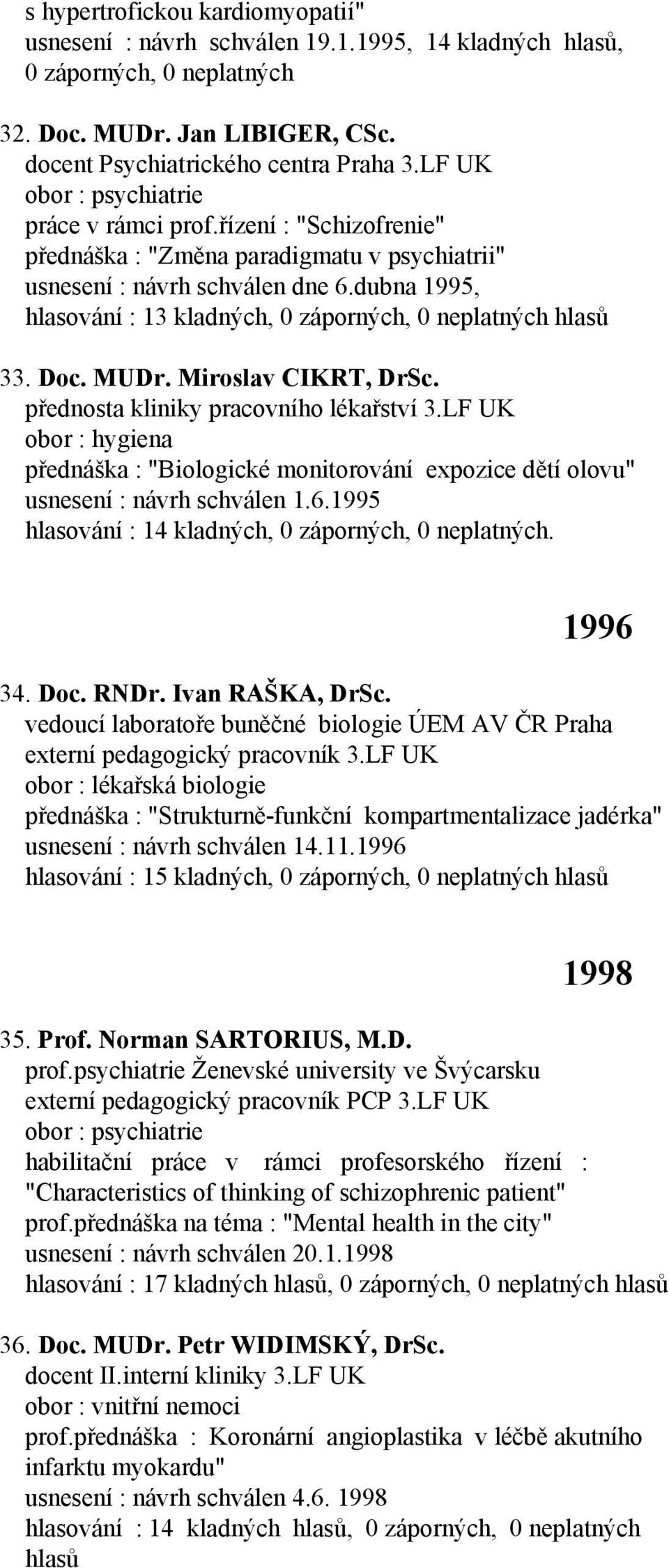 dubna 1995, hlasování : 13 kladných, 0 záporných, 0 neplatných hlasů 33. Doc. MUDr. Miroslav CIKRT, DrSc. přednosta kliniky pracovního lékařství 3.