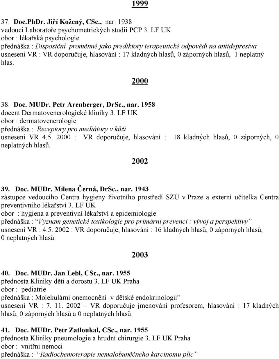 1 neplatný hlas. 2000 38. Doc. MUDr. Petr Arenberger, DrSc., nar. 1958 docent Dermatovenerologické kliniky 3. LF UK obor : dermatovenerologie přednáška : Receptory pro mediátory v kůži usnesení VR 4.