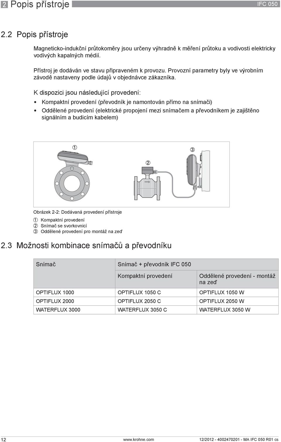 K dispozici jsou následující provedení: Kompaktní provedení (převodník je namontován přímo na snímači) Oddělené provedení (elektrické propojení mezi snímačem a převodníkem je zajištěno signálním a