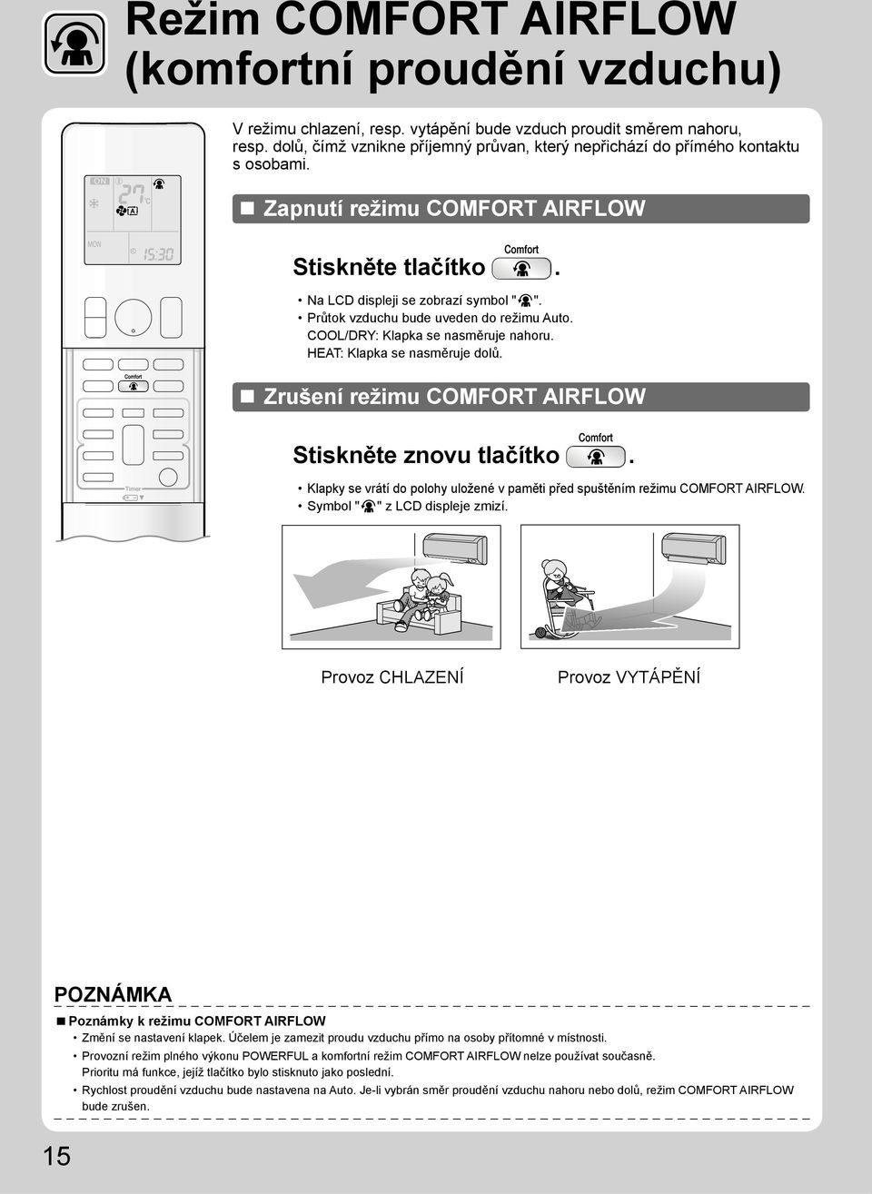 Průtok vzduchu bude uveden do režimu Auto. COOL/DRY: Klapka se nasměruje nahoru. HEAT: Klapka se nasměruje dolů. Zrušení režimu COMFORT AIRFLOW Stiskněte znovu tlačítko.