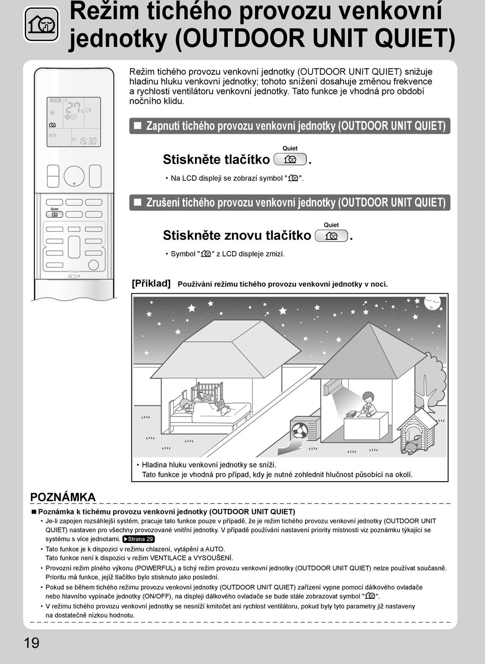 Na LCD displeji se zobrazí symbol " ". Zrušení tichého provozu venkovní jednotky (OUTDOOR UNIT QUIET) Stiskněte znovu tlačítko. Symbol " " z LCD displeje zmizí.