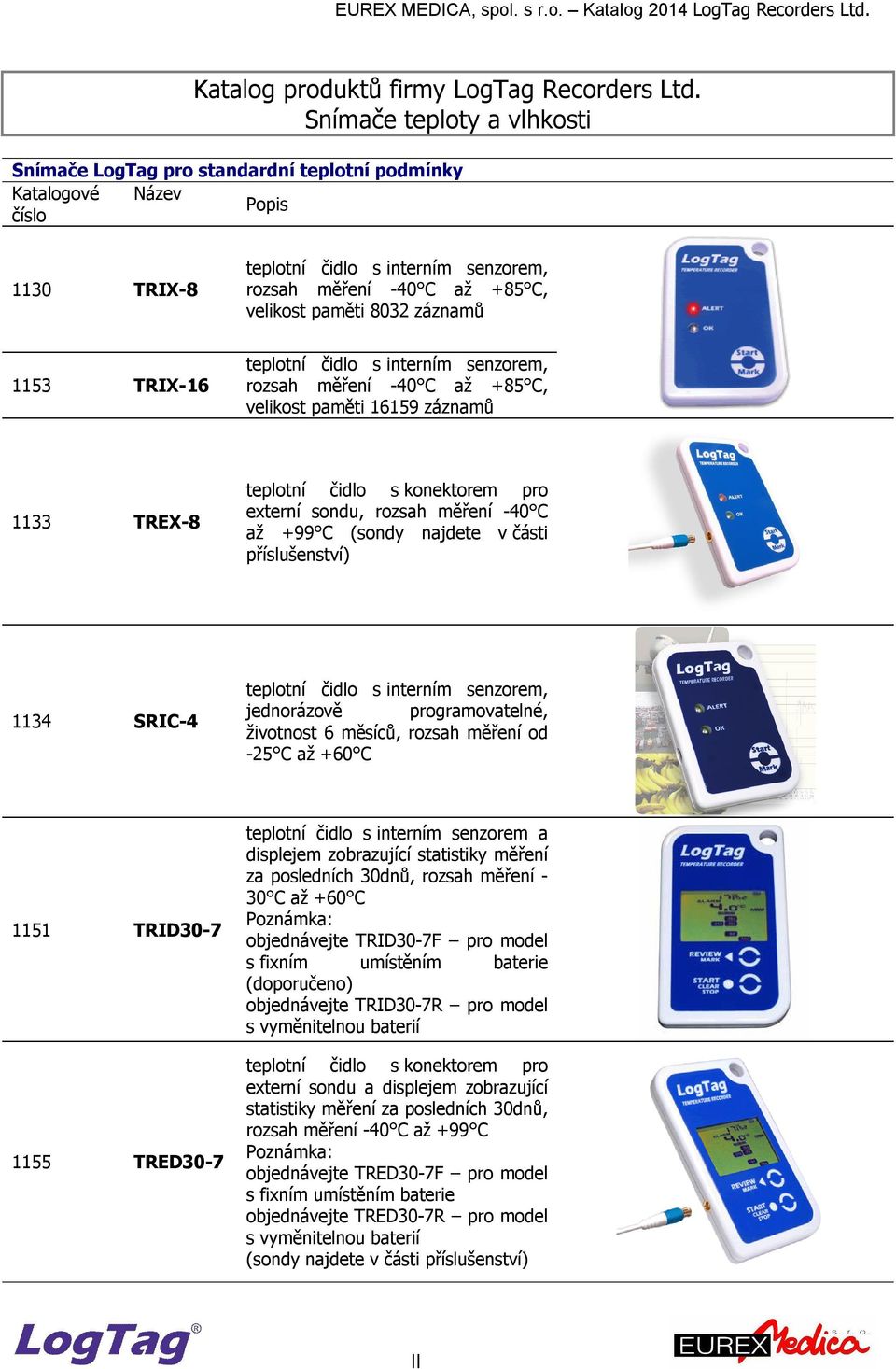 měření -40 C až +85 C, velikost paměti 16159 záznamů 1133 TREX-8 teplotní čidlo s konektorem pro externí sondu, rozsah měření -40 C až +99 C (sondy najdete v části příslušenství) 1134 SRIC-4