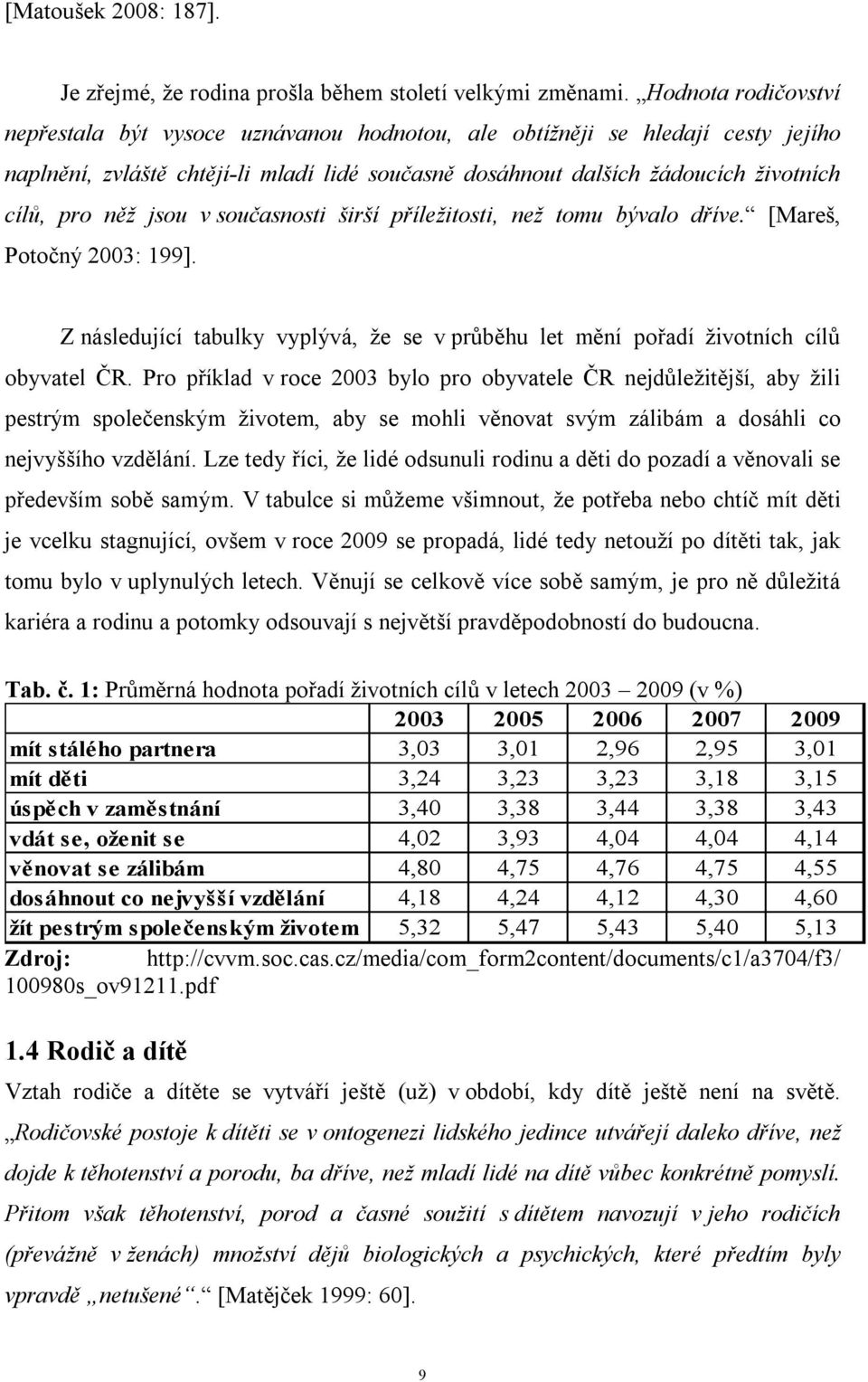 jsou v současnosti širší příležitosti, než tomu bývalo dříve. [Mareš, Potočný 2003: 199]. Z následující tabulky vyplývá, že se v průběhu let mění pořadí životních cílů obyvatel ČR.