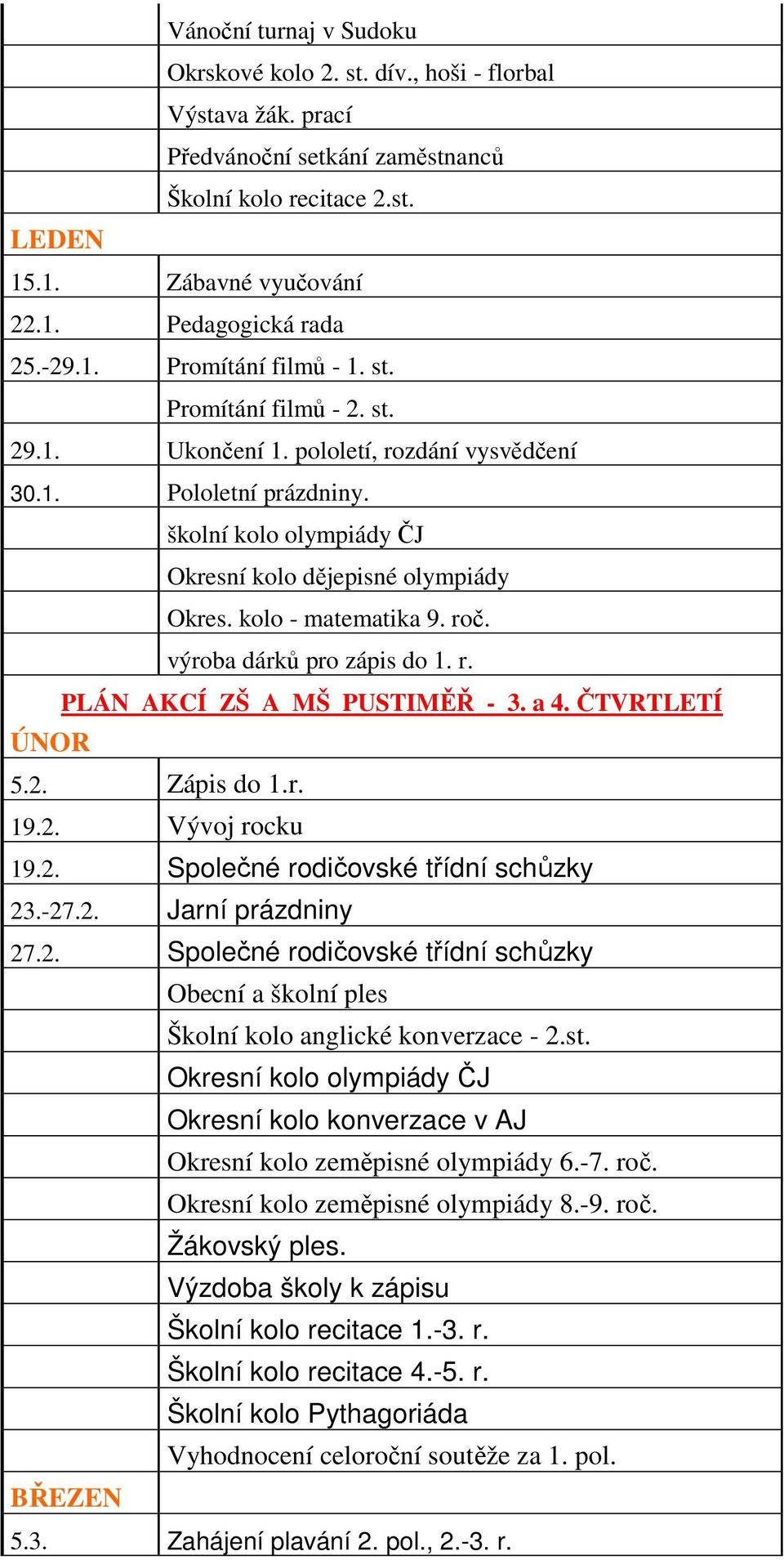 kolo - matematika 9. roč. výroba dárků pro zápis do 1. r. PLÁN AKCÍ ZŠ A MŠ PUSTIMĚŘ - 3. a 4. ČTVRTLETÍ ÚNOR 5.2. Zápis do 1.r. 19.2. Vývoj rocku 19.2. Společné rodičovské třídní schůzky 23.-27.2. Jarní prázdniny 27.