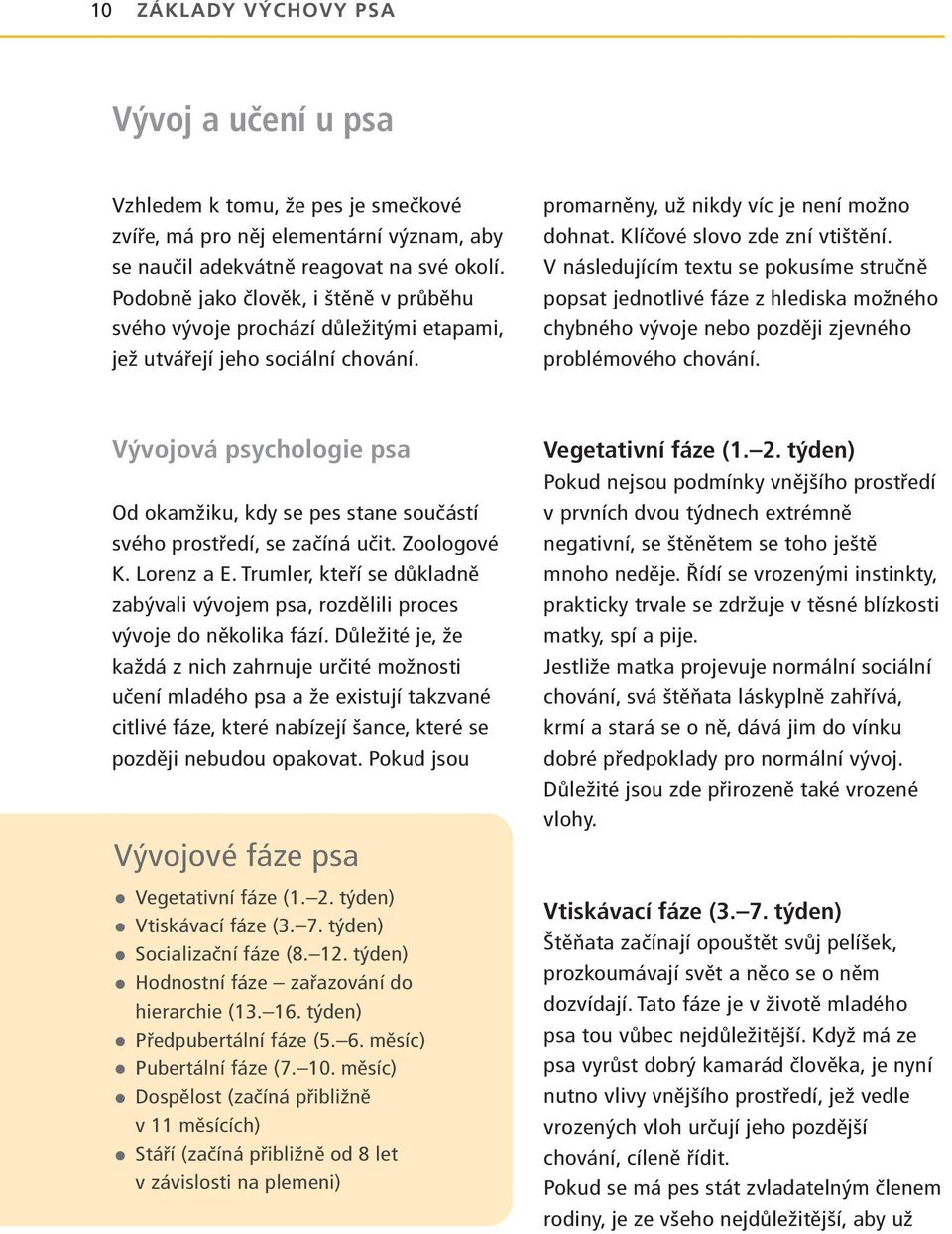 V následujícím textu se pokusíme stručně popsat jednotlivé fáze z hlediska možného chybného vývoje nebo později zjevného problémového chování.