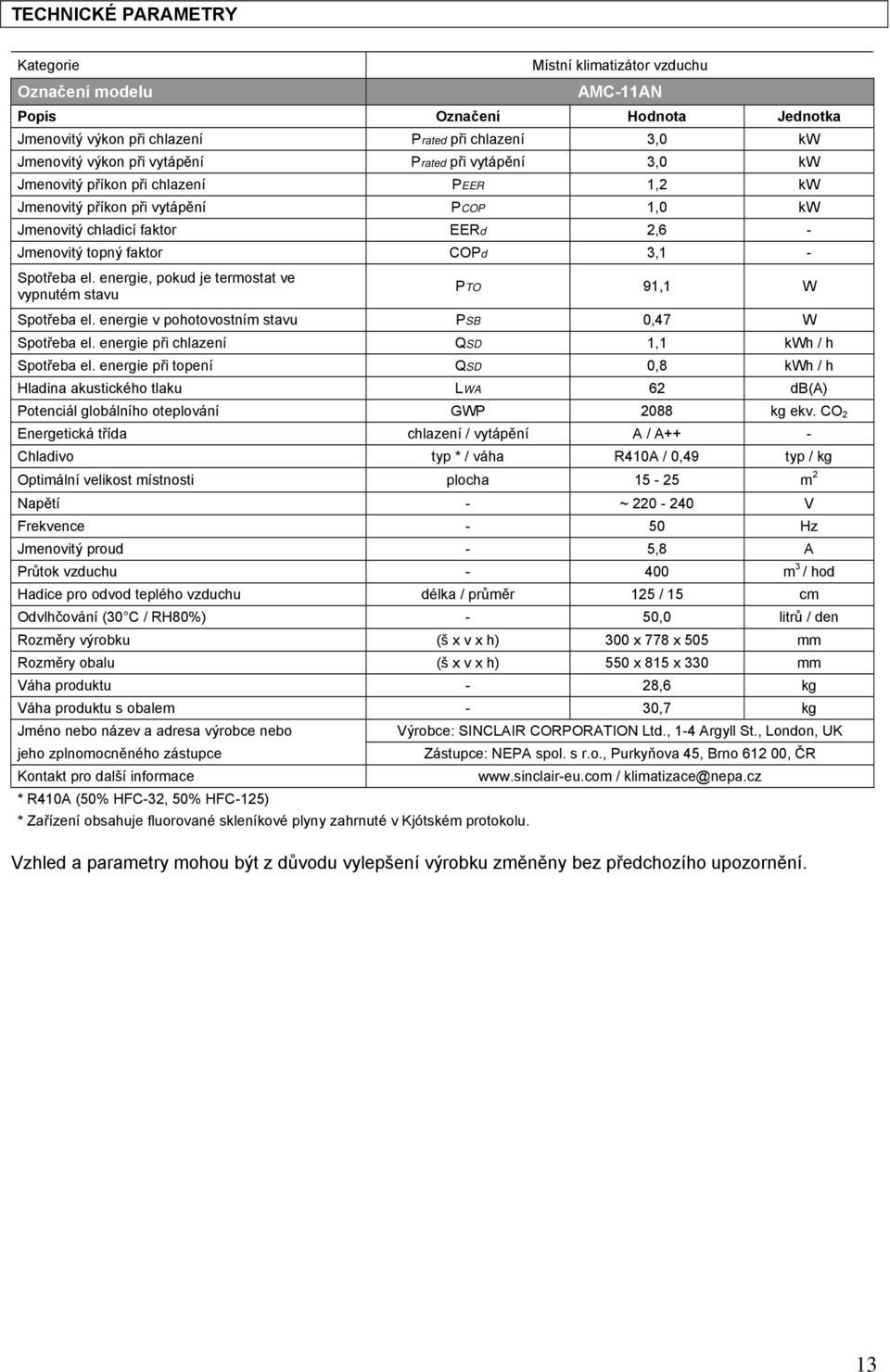 energie, pokud je termostat ve vypnutém stavu PTO 91,1 W Spotřeba el. energie v pohotovostním stavu PSB 0,47 W Spotřeba el. energie při chlazení QSD 1,1 kwh / h Spotřeba el.