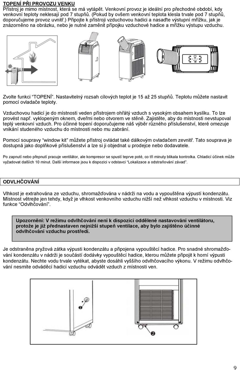 ) Připojte k přístroji vzduchovou hadici a nasaďte výstupní mřížku, jak je znázorněno na obrázku, nebo je nutné zaměnit přípojku vzduchové hadice a mřížku výstupu vzduchu. Zvolte funkci TOPENÍ.