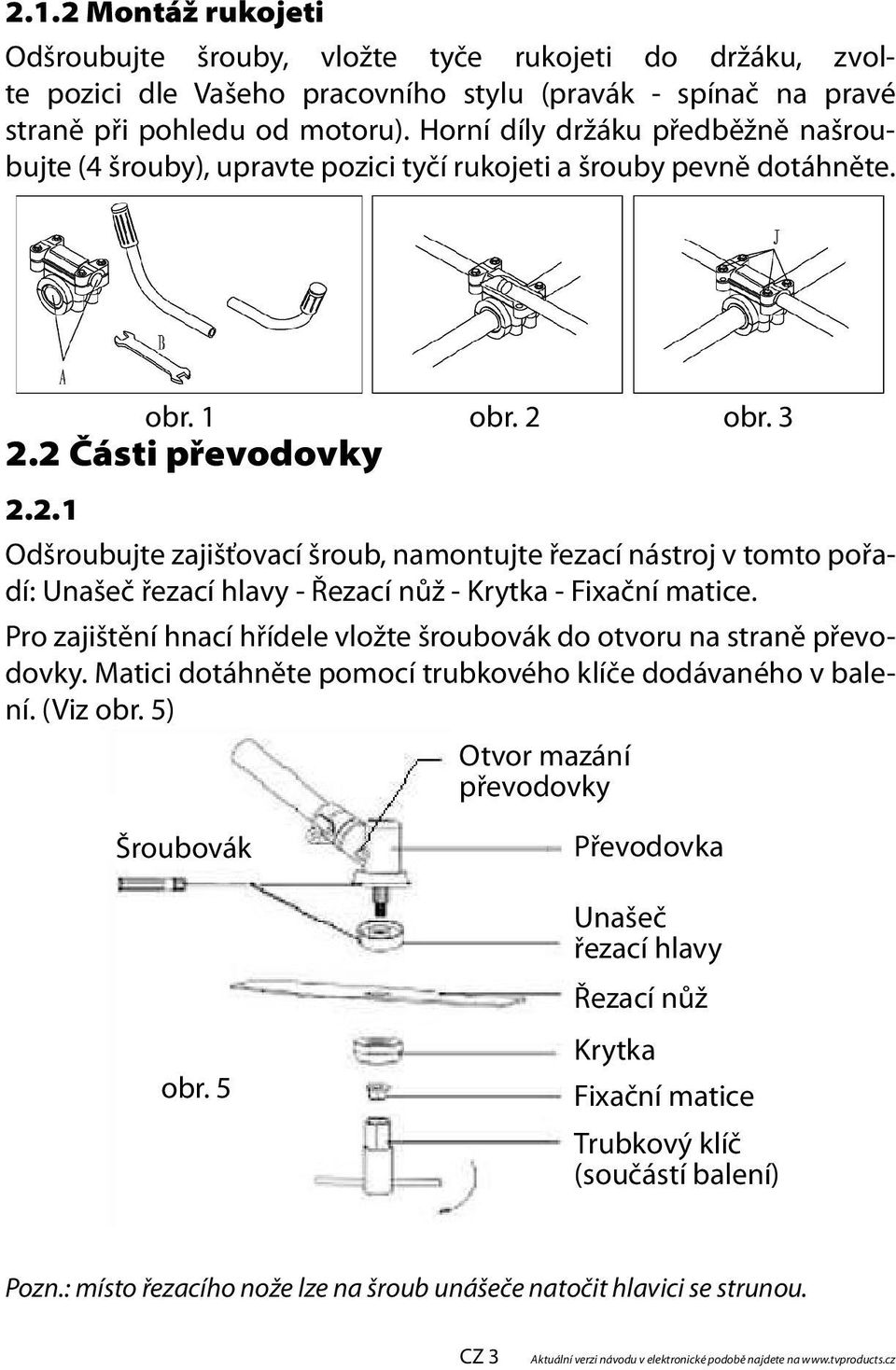 obr. 3 2.2 Části převodovky 2.2.1 Odšroubujte zajišťovací šroub, namontujte řezací nástroj v tomto pořadí: Unašeč řezací hlavy - Řezací nůž - Krytka - Fixační matice.