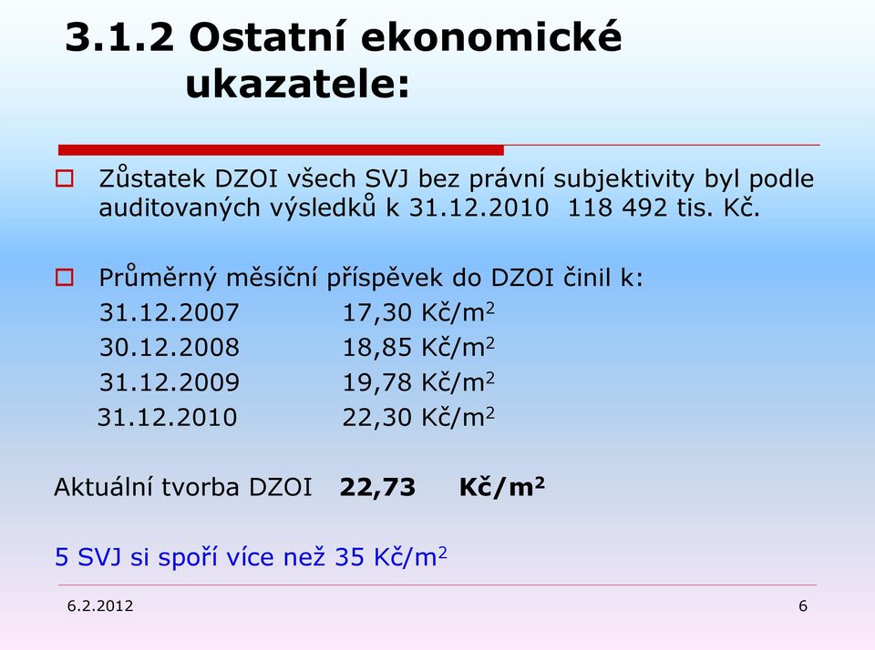 Průměrný měsíční příspěvek do DZOI činil k: 31.12.2007 17,30 Kč/m 2 30.12.2008 18,85 Kč/m 2 31.