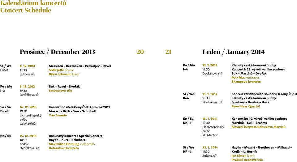 2013 Suk Ravel Dvořák I 3 19:30 Smetanovo trio Dvořákova síň So / Sa 14. 12.