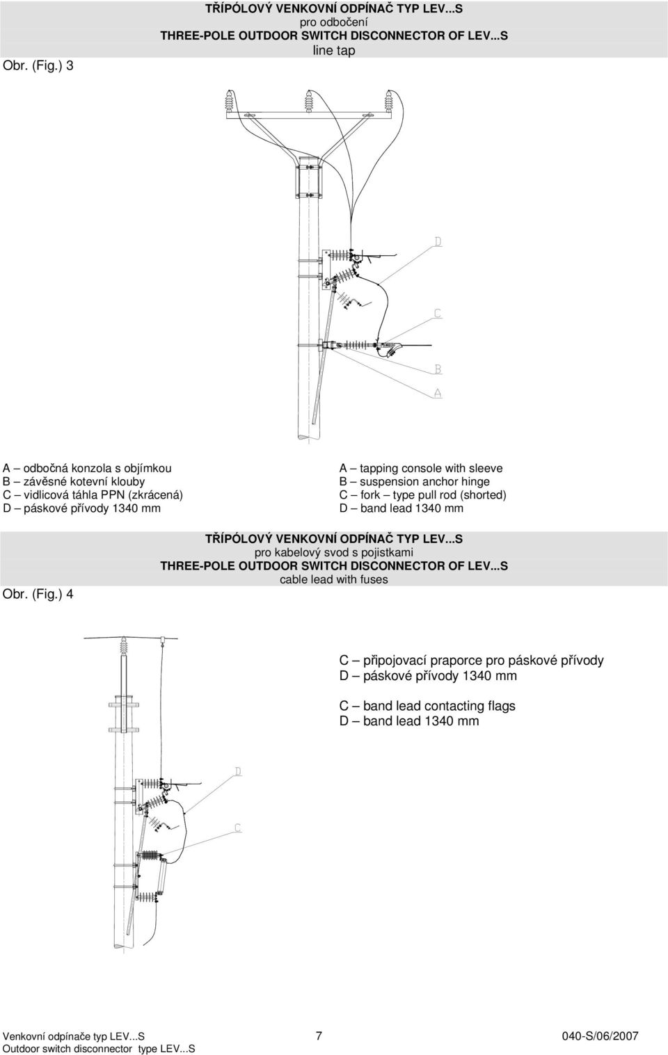 suspension anchor hinge C fork type pull rod (shorted) D band lead 1340 mm Obr. (Fig.) 4 TŘÍPÓLOVÝ VENKOVNÍ ODPÍNAČ TYP LEV.