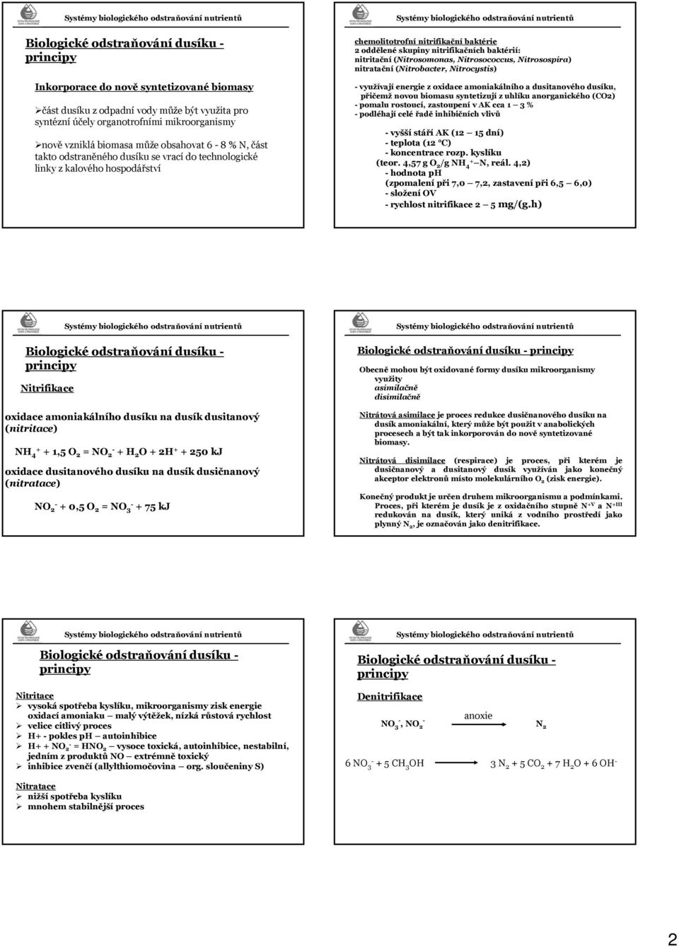 Nitrosococcus, Nitrosospira) nitratační (Nitrobacter, Nitrocystis) - využívají energie z oxidace amoniakálního a dusitanového, přičemž novou biomasu syntetizují z uhlíku anorganického (C2) - pomalu