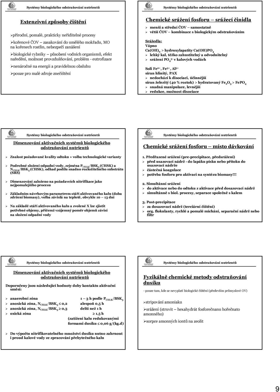 střední ČV samostatně větší ČV kombinace s biologickým odstraňováním Srážedla: Vápno Ca(H) 2 > hydroxylapatity Ca(H) 4 lehký kal, těžko zahustitelný a odvodnitelný srážení 4 3- v kalových vodách Soli