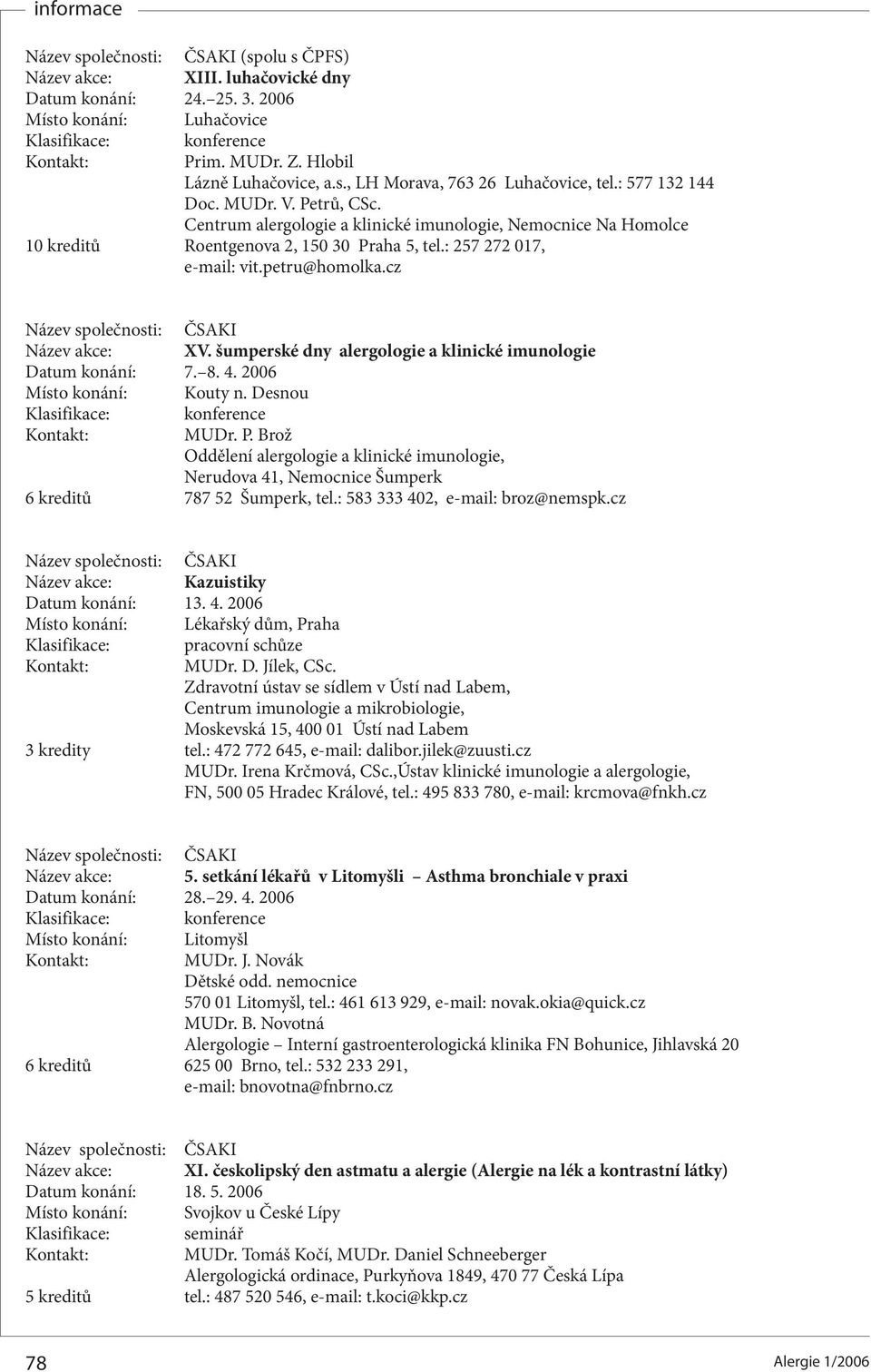 cz Název akce: XV. šumperské dny alergologie a klinické imunologie Datum konání: 7. 8. 4. 2006 Místo konání: Kouty n. Desnou MUDr. P.