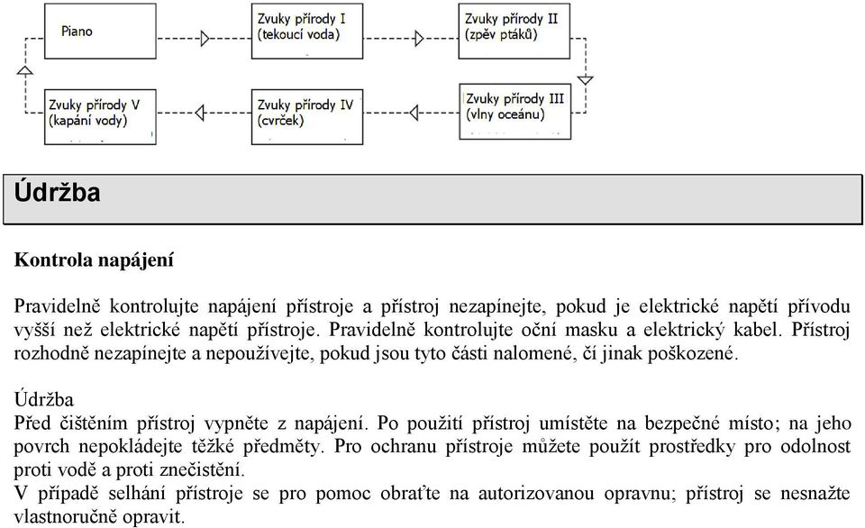 Údržba Před čištěním přístroj vypněte z napájení. Po použití přístroj umístěte na bezpečné místo; na jeho povrch nepokládejte těžké předměty.