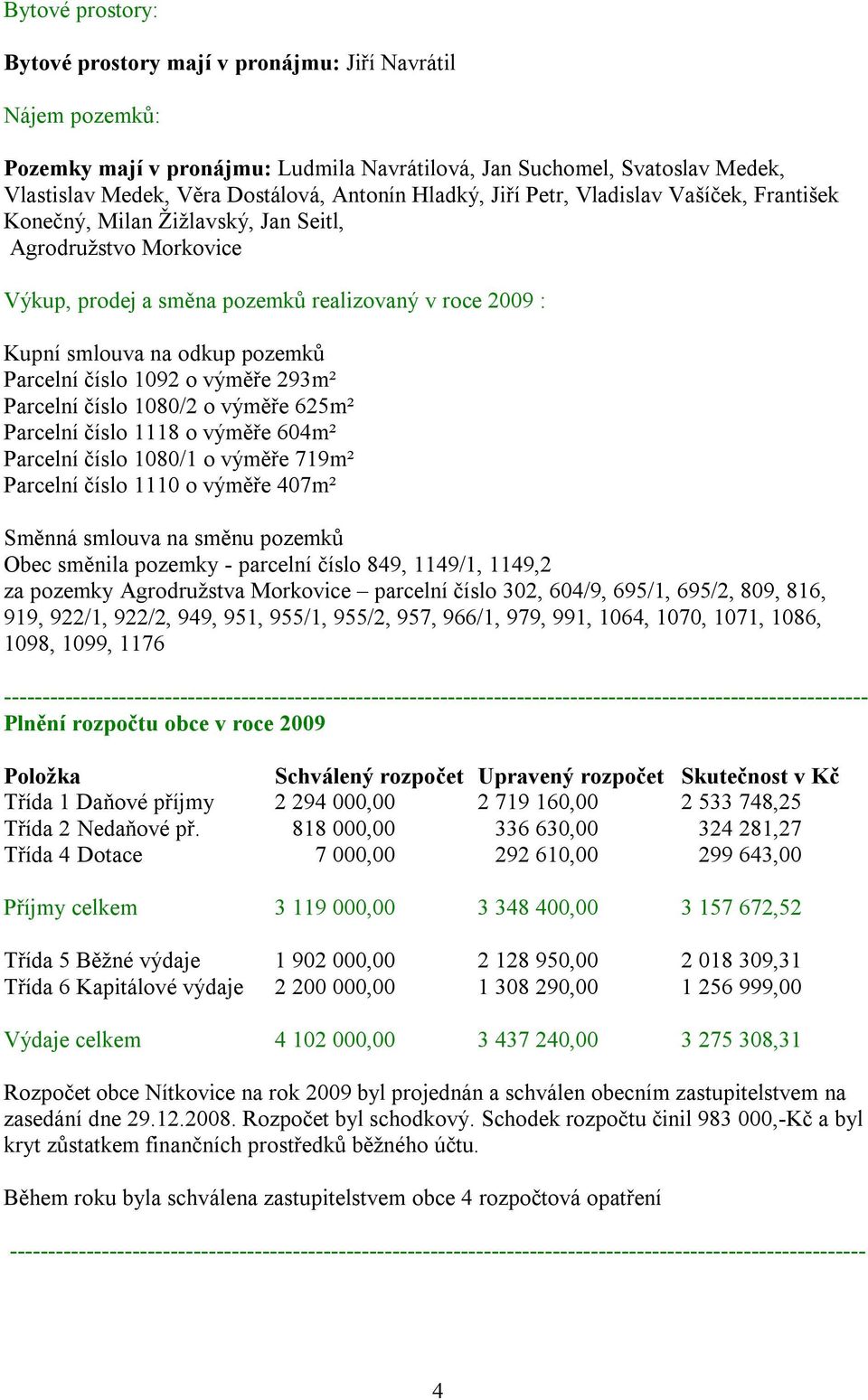 Parcelní číslo 1092 o výměře 293m² Parcelní číslo 1080/2 o výměře 625m² Parcelní číslo 1118 o výměře 604m² Parcelní číslo 1080/1 o výměře 719m² Parcelní číslo 1110 o výměře 407m² Směnná smlouva na