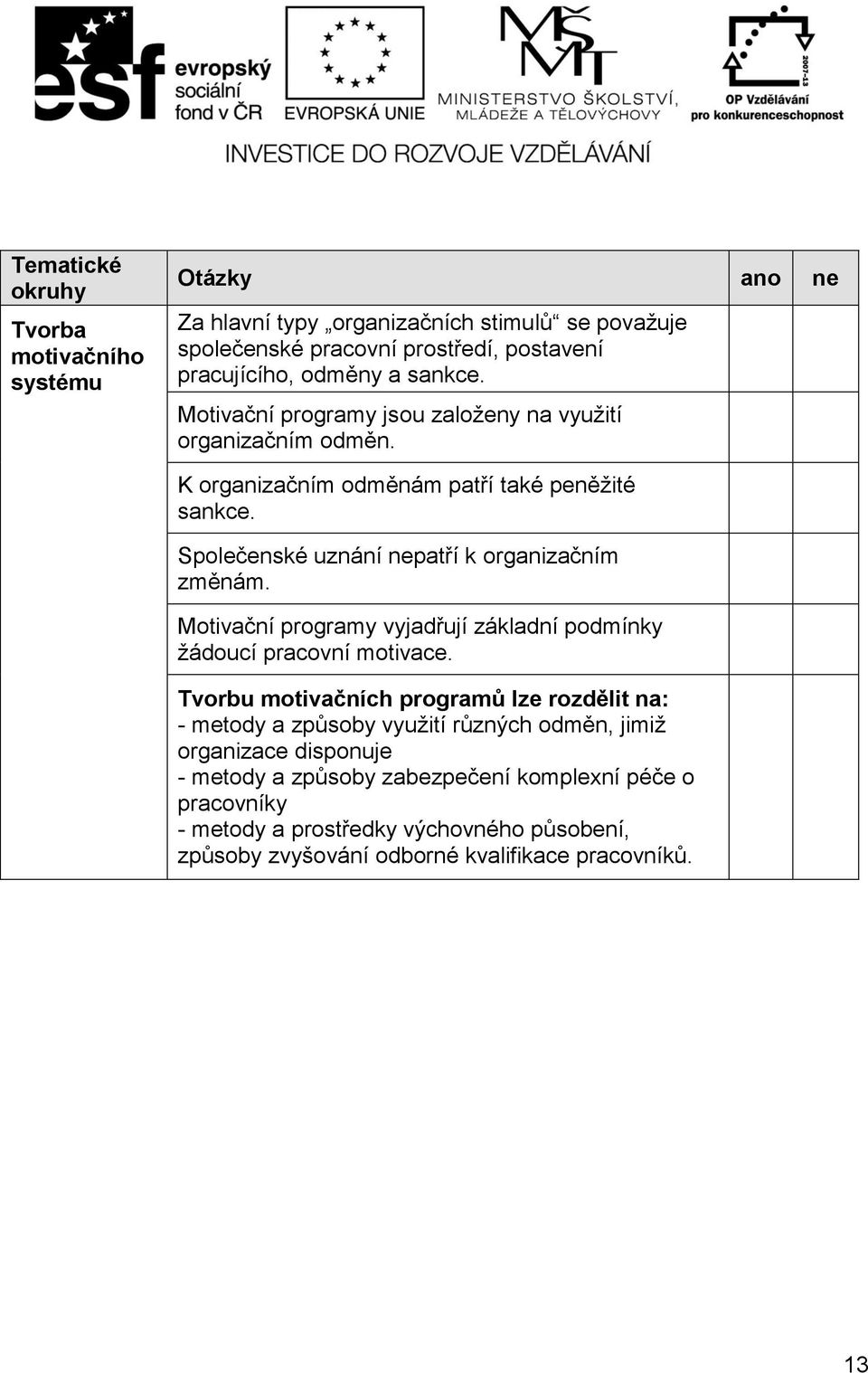 Motivační programy vyjadřují základní podmínky žádoucí pracovní motivace.