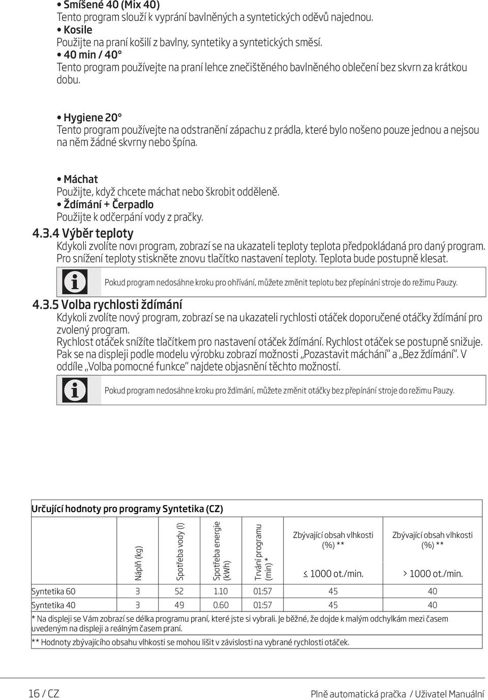 Hygiene 20 Tento program používejte na odstranění zápachu z prádla, které bylo nošeno pouze jednou a nejsou na něm žádné skvrny nebo špína. Máchat Použijte, když chcete máchat nebo škrobit odděleně.