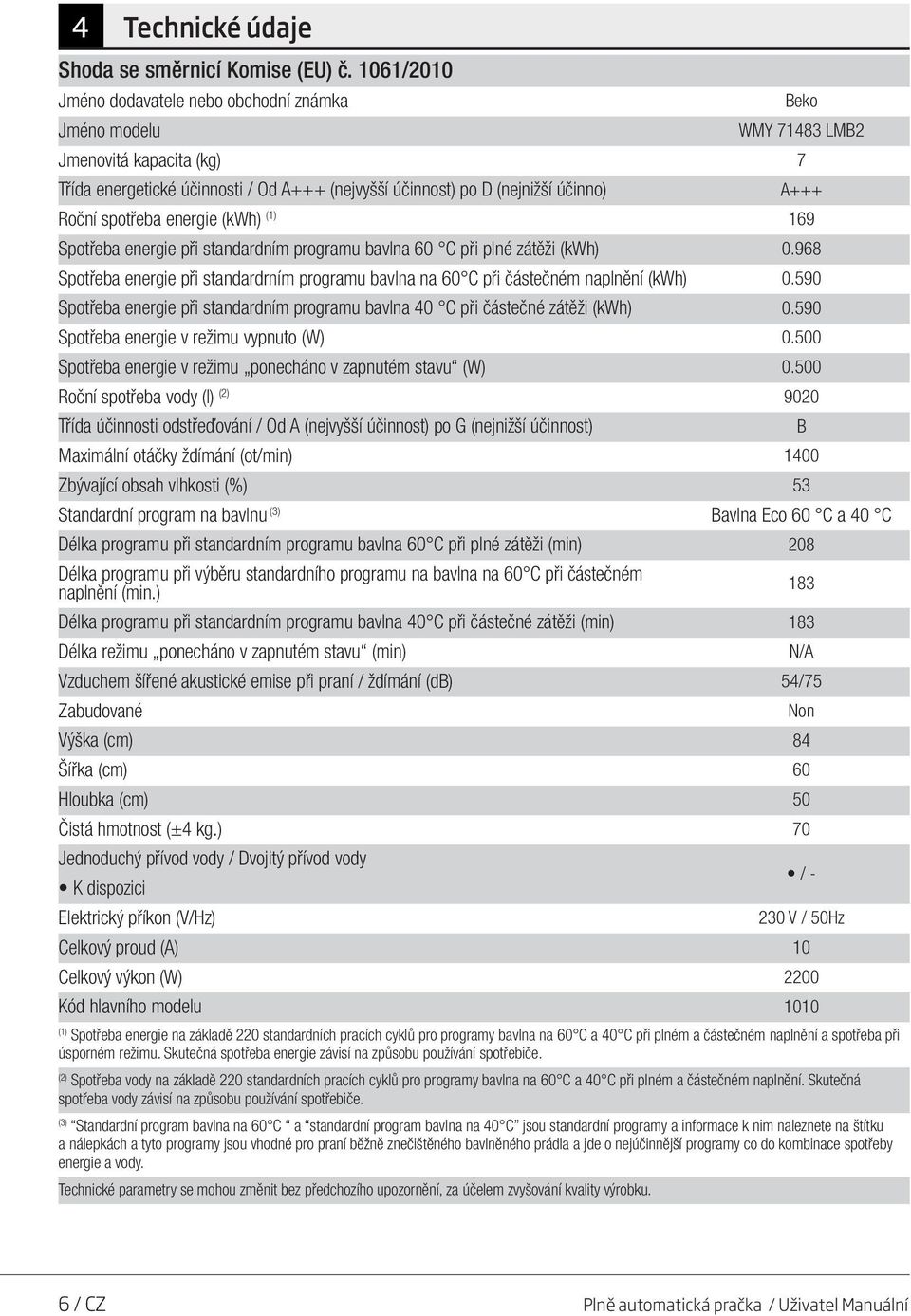 spotřeba energie (kwh) (1) 169 A+++ Spotřeba energie při standardním programu bavlna 60 při plné zátěži (kwh) 0.