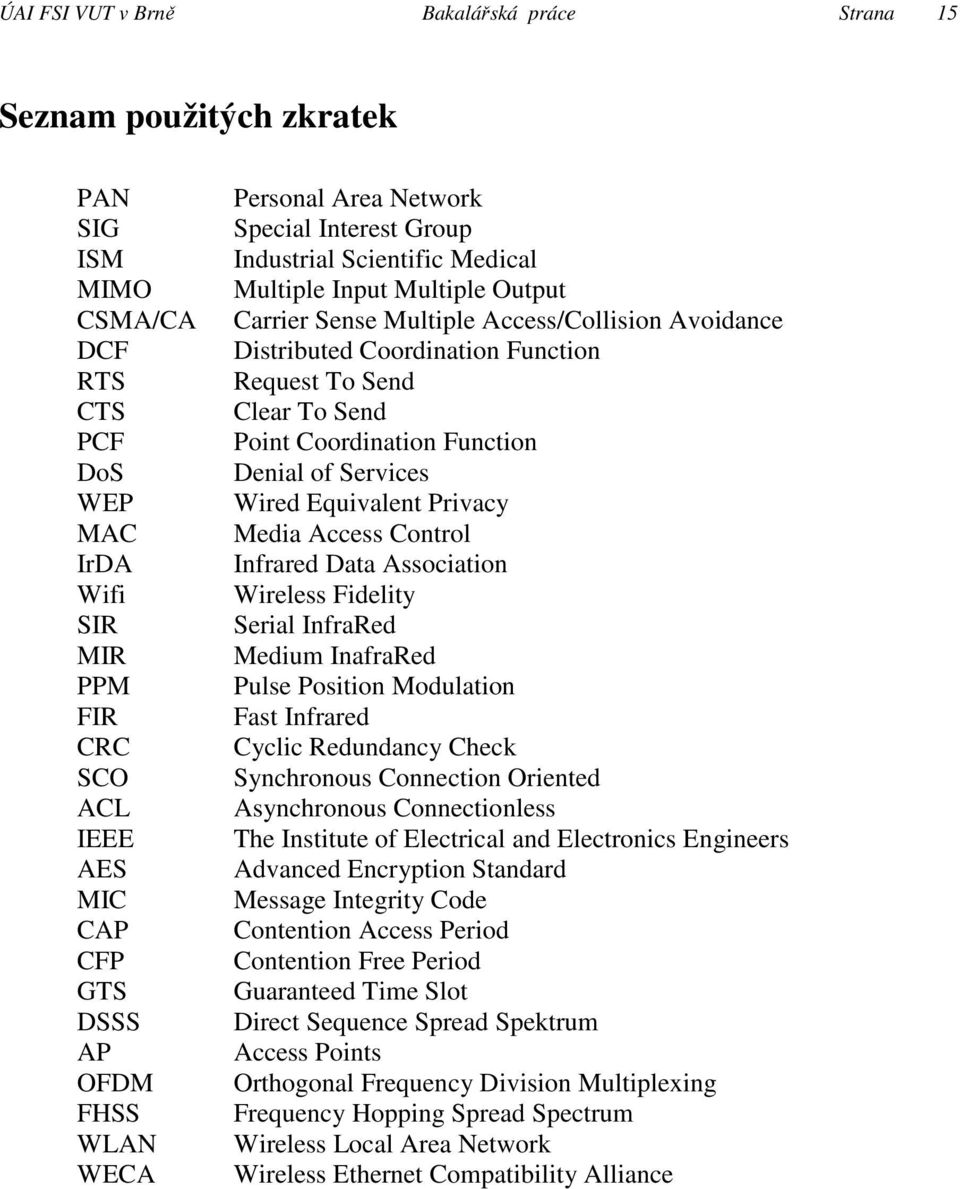 Function Request To Send Clear To Send Point Coordination Function Denial of Services Wired Equivalent Privacy Media Access Control Infrared Data Association Wireless Fidelity Serial InfraRed Medium