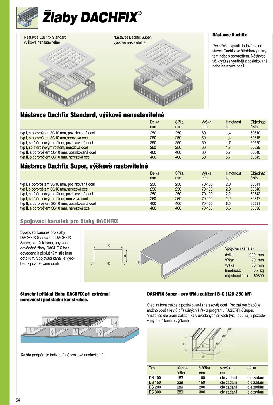 Nástavce Dachfix Standard, výškově nenastavitelné typ I, s pororoštem 30/10 mm, pozinkovaná ocel 250 250 60 1,4 60610 typ I, s pororoštem 30/10 mm,nerezová ocel 250 250 60 1,4 60615 typ I, se