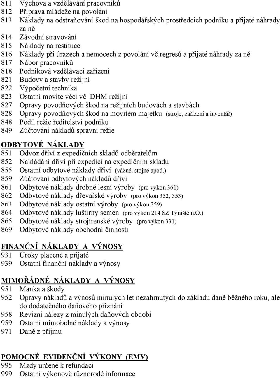 regresů a přijaté náhrady za ně 817 Nábor pracovníků 818 Podniková vzdělávací zařízení 821 Budovy a stavby režijní 822 Výpočetní technika 823 Ostatní movité věci vč.