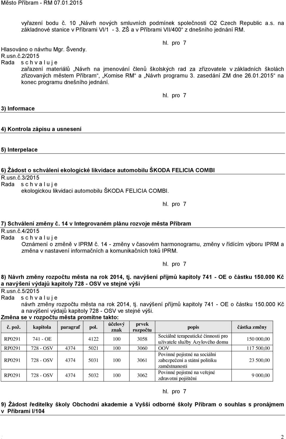 3) Informace 4) Kontrola zápisu a usnesení 5) Interpelace 6) Žádost o schválení ekologické likvidace automobilu ŠKODA FELICIA COMBI R.usn.č.3/2015 ekologickou likvidaci automobilu ŠKODA FELICIA COMBI.